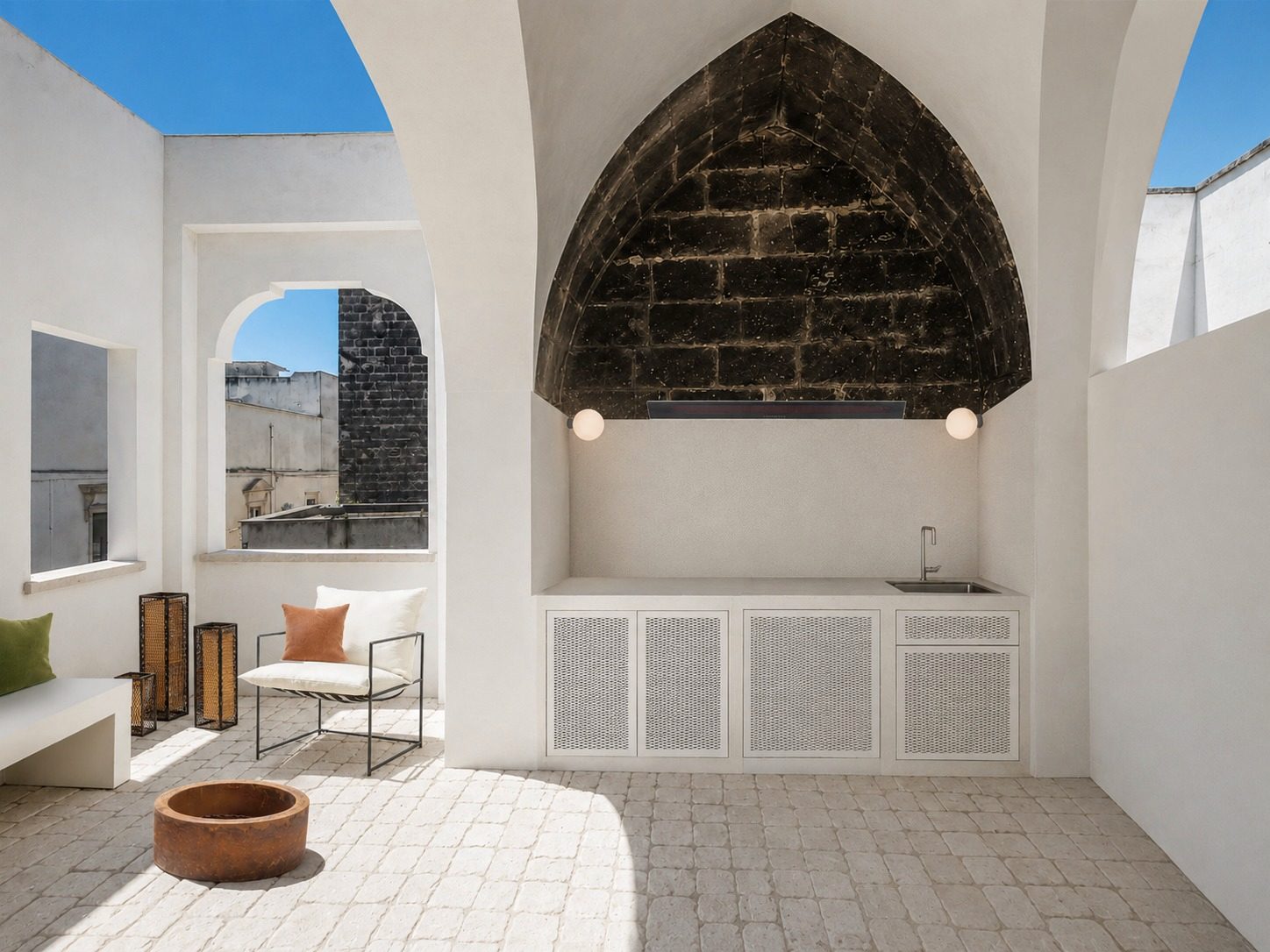 The outdoor kitchen of the suite under the black stone vault, rendering, Via Verdi 15, Manduria, Salento, Puglia