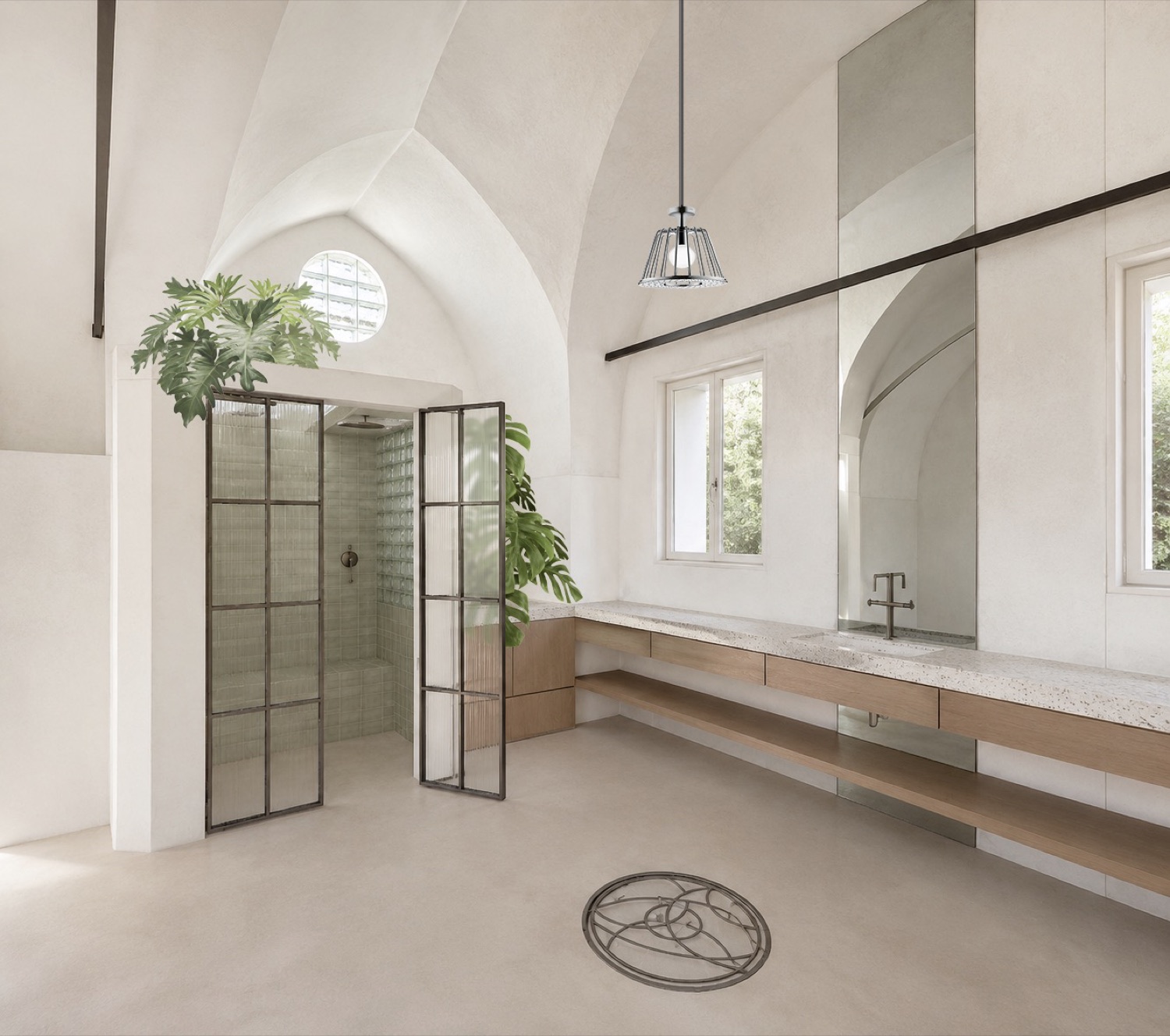The suite bathroom under the stone vault, rendering